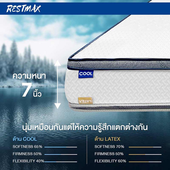 ที่นอนยางพาราแท้ 100% แบบฉีดขึ้นรูป และ COOLING MEMORY FOAM รุ่น RESTMAX หนา 7 นิ้ว