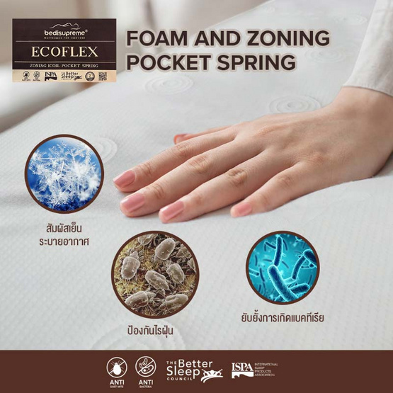 Bedisupreme ที่นอน Zoning พ็อคเก็ตสปริง เสริมด้วย Comfort Foam รุ่น ECOFLEX หนา 9.5 นิ้ว