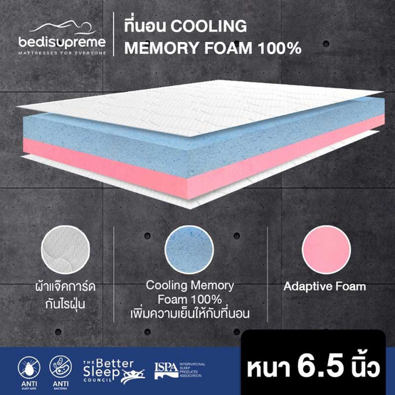 Bedisupreme ที่นอน COOLING MEMORY FOAM หุ้มผ้านอก กันไรฝุ่น รุ่น ICEGIA หนา 6.5 นิ้ว