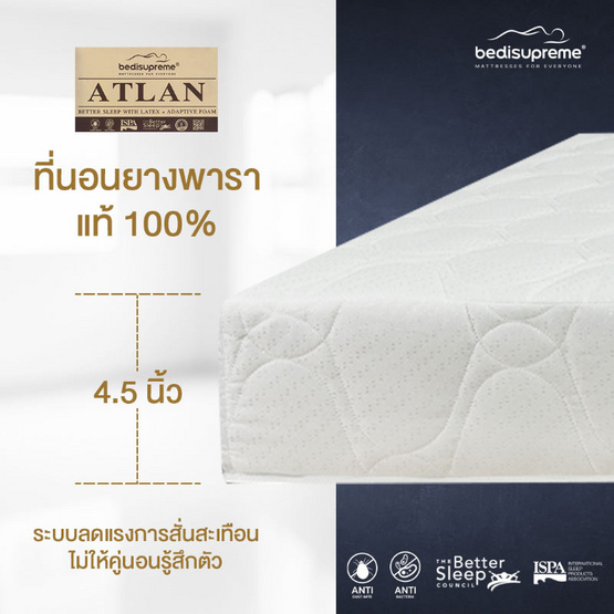 Bedisupreme ที่นอนยางพาราแท้ Latex หุ้มผ้านอก กันไรฝุ่น รุ่น ATLAN หนา 4.5 นิ้ว Bedisupreme ที่นอนยางพาราแท้ Latex หุ้มผ้านอก กันไรฝุ่น รุ่น ATLAN หนา 4.5 นิ้ว