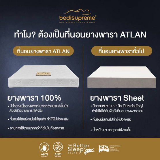 Bedisupreme ที่นอนยางพาราแท้ Latex หุ้มผ้านอก กันไรฝุ่น รุ่น ATLAN หนา 4.5 นิ้ว Bedisupreme ที่นอนยางพาราแท้ Latex หุ้มผ้านอก กันไรฝุ่น รุ่น ATLAN หนา 4.5 นิ้ว