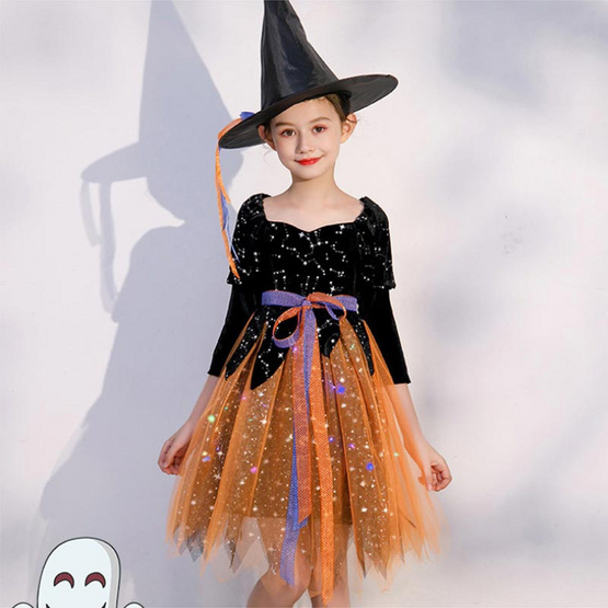 ชุด Halloween แม่มดเด็ก ผ้ากำมะหยี่สีม่วง พร้อมหมวก