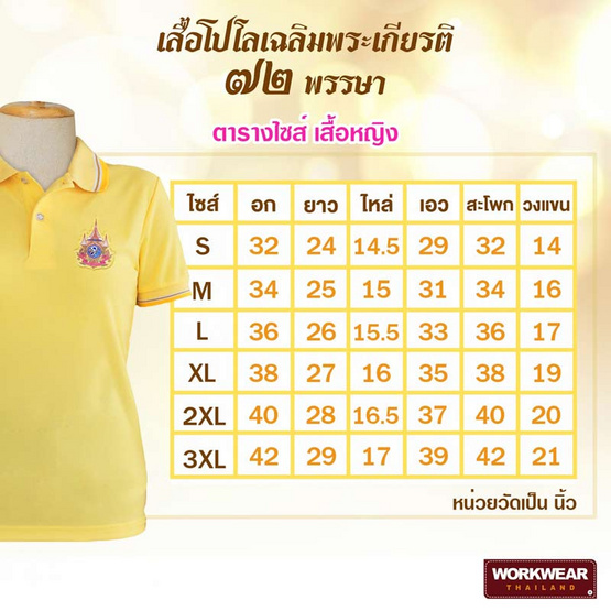 เสื้อโปโลเฉลิมพระเกียรติ 72 พรรษา สีเหลือง ทรงผู้หญิงเข้ารูป เสื้อโปโลเฉลิมพระเกียรติ 72 พรรษา สีเหลือง ทรงผู้หญิงเข้ารูป