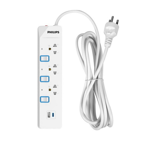 Philips ปลั๊กไฟ 3 ช่อง USB A 1ช่อง USB C1 ช่อง สายยาว 3 เมตร รุ่น CHP4734WB/67