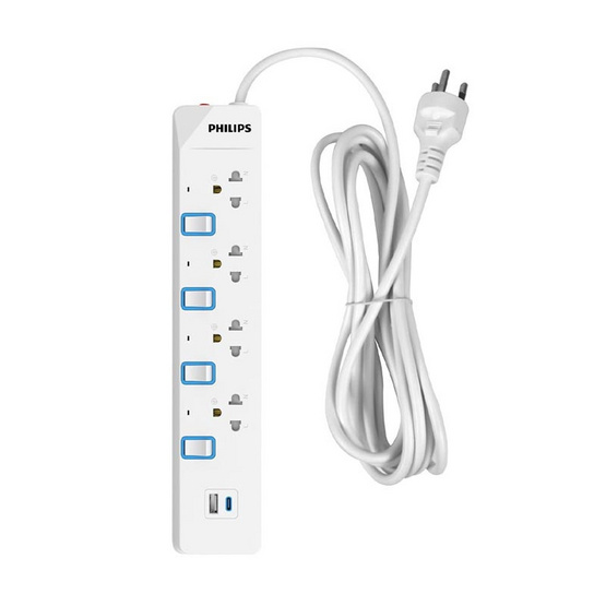 Philips ปลั๊กไฟ 4 ช่อง USB A 1ช่อง USB C1 ช่อง สายยาว 3 เมตร รุ่น CHP4743WB/67