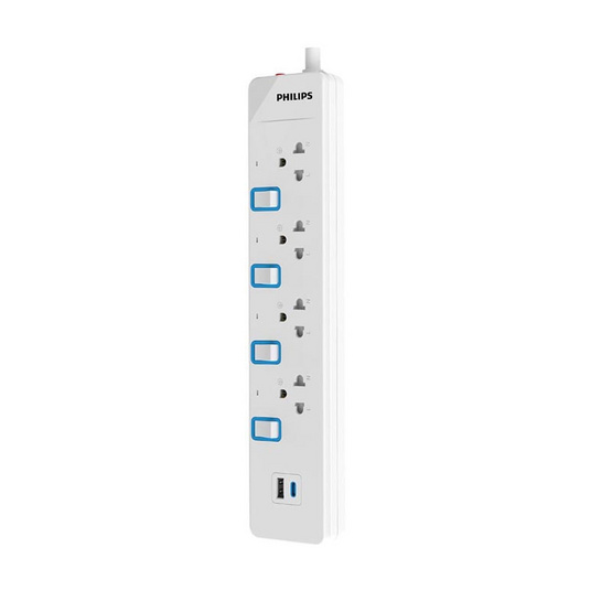 Philips ปลั๊กไฟ 4 ช่อง USB A 1ช่อง USB C1 ช่อง สายยาว 3 เมตร รุ่น CHP4743WB/67