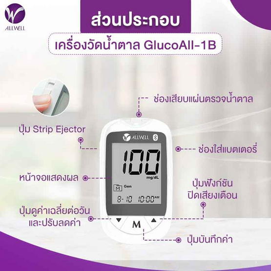 ALLWELL เครื่องวัดน้ำตาล GlucoAll-1B เครื่องตรวจเบาหวาน(แผ่นตรวจ+เข็มเจาะเลือ 60 ชิ้น)