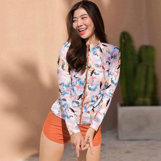 Alohaswimwear เสื้อว่ายน้ำแขนยาว รุ่นซิปหน้า Pastel Bird