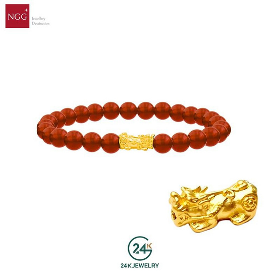 NGG Blessing Mini Pixiu Carnelian ชาร์มปีเซียะทองคำแท้ 99.9% หนัก 0.1 g พร้อมกำไลหินมงคล