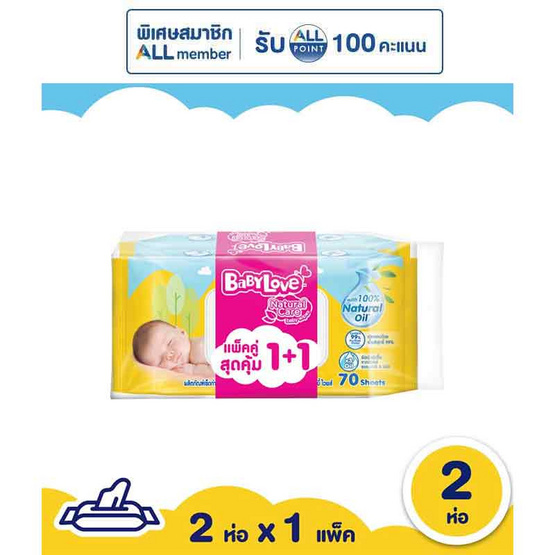 เบบี้เลิฟ เนเชอรัล แคร์ เบบี้ไวพส์ 70 แผ่น (แพ็ก 1 แถม 1)