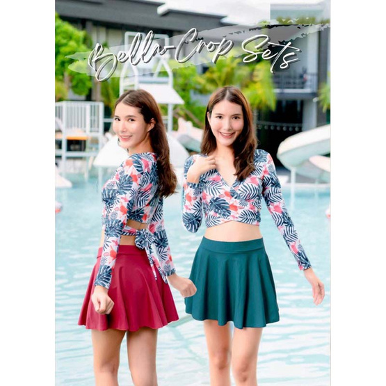 Alohaswimwear Bella set ชุดว่ายน้ำครอปแขนยาวลายดอกไม้ พร้อมกระโปรง