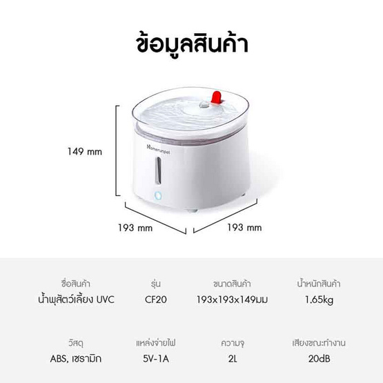 Homerunpet น้ำพุสัตว์เลี้ยง UVC รุ่น CF20