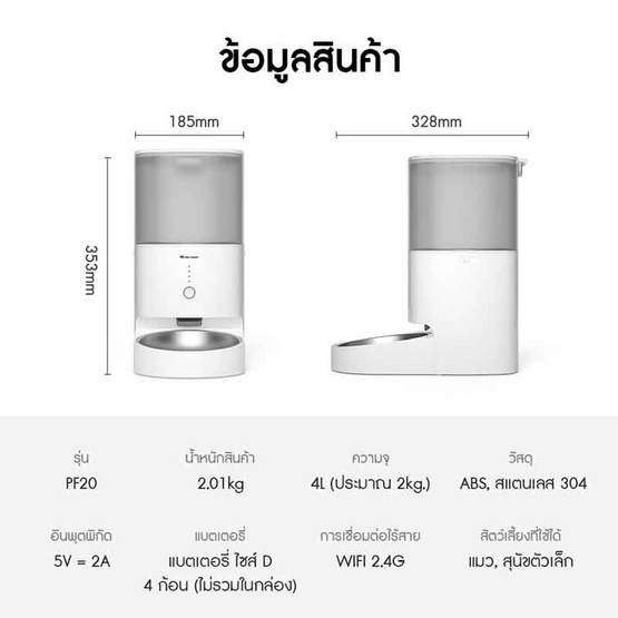 Homerunpet เครื่องให้อาหารสัตว์เลี้ยงอัตโนมัติ รุ่นชามสแตนเลส PF20-Pocelain bowl