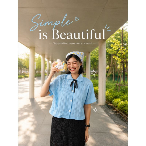 Fashion เสื้อครอปคอบัว สีฟ้า สวมใส่สบาย ไม่ร้อน