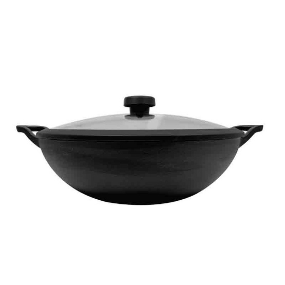 MEYER CAST IRON 26CM หม้อเหล็กหล่อ ทรงจีน 2 หู พร้อมฝาแก้ว DEEP KADAI (48185-C)