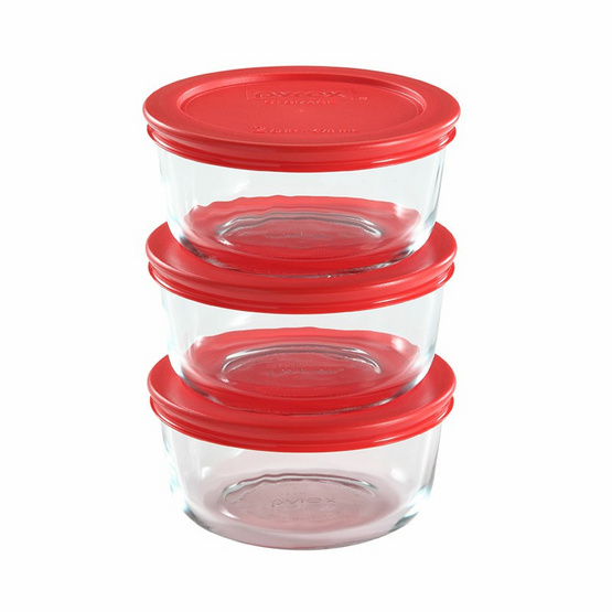 Pyrex กล่องถนอมอาหารทรงกลม สีแดง ขนาด 473 มล. จำนวน 3 ใบ