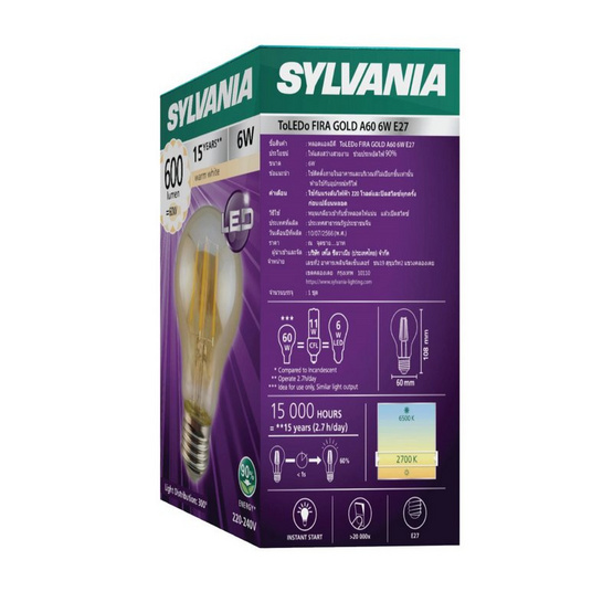 SYLVANIA หลอดไฟวินเทจ Filament รุ่น ToLEDo FIRA A60 6W E27 แสงเหลือง