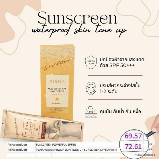 PISHA โทนอัพกันแดด Sunscreen Water Proof Skin Tone UP SPF 50 PA+++ 25 มล.