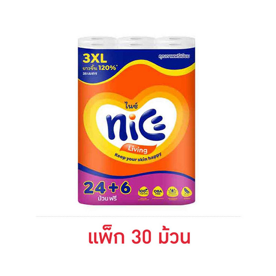 ไนซ์ กระดาษชำระม้วนใหญ่พิเศษเมก้าโรล (แพ็ก 24+6 ม้วน)