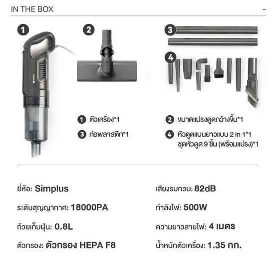 Simplus เครื่องดูดฝุ่นแบบมีสาย 18kpa รุ่น XCQH011