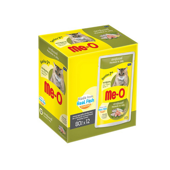 มีโอ อาหารแมวเปียกสูงอายุ 7+ ปลาทูในเยลลี่ 80 กรัม(1 แพ็ก 12 ชิ้น)