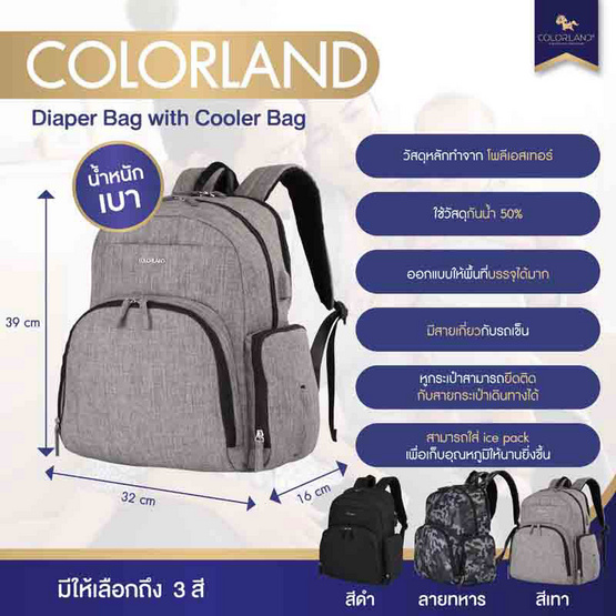 Colorland (BP155) Superset 2 in 1 กระเป๋าคุณแม่ เก็บอุณหภูมิได้ - Heather Grey