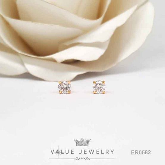 Value Jewelry ต่างหูแป้น ชุดเม็ดเดี่ยว คริสตัลกลม สีทอง ขนาด 3 4 และ5มิล