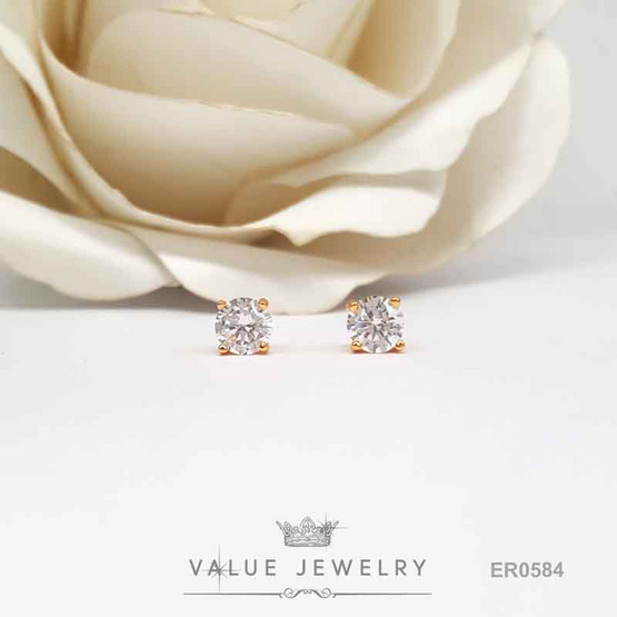 Value Jewelry ต่างหูแป้น ชุดเม็ดเดี่ยว คริสตัลกลม สีทอง ขนาด 3 4 และ5มิล