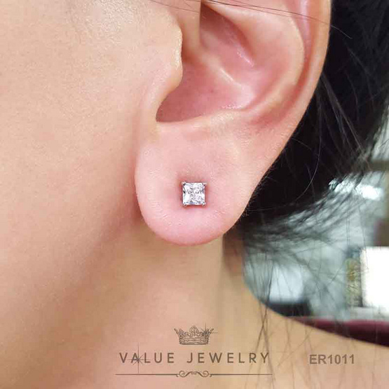 Value Jewelry ต่างหูแป้น ชุดเม็ดเดี่ยว คริสตัลเหลี่ยม สีเงิน ขนาด 3 4 และ5มิล