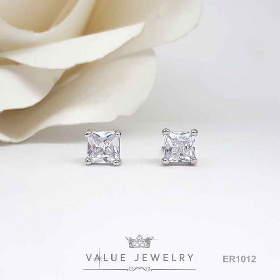 Value Jewelry ต่างหูแป้น ชุดเม็ดเดี่ยว คริสตัลเหลี่ยม สีเงิน ขนาด 3 4 และ5มิล