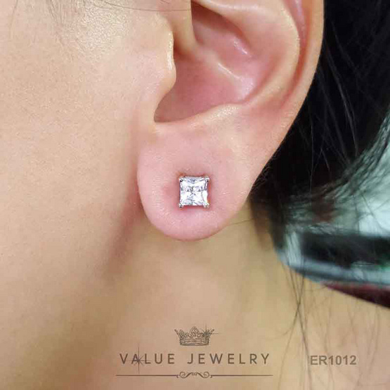 Value Jewelry ต่างหูแป้น ชุดเม็ดเดี่ยว คริสตัลเหลี่ยม สีเงิน ขนาด 3 4 และ5มิล