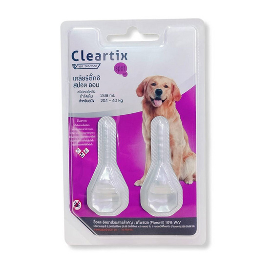 Cleartix เคลียร์ติ๊กซ์ สปอต ออน ชนิดหยดหลัง สำหรับสุนัขน้ำหนัก 20.1-40 กก. 2 หลอด/แผง