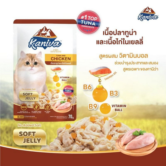 คานิว่าอาหารแมวเปียกทูน่าและไก่ในเยลลี่ 70 ก. แพ็ก 12 ชิ้น