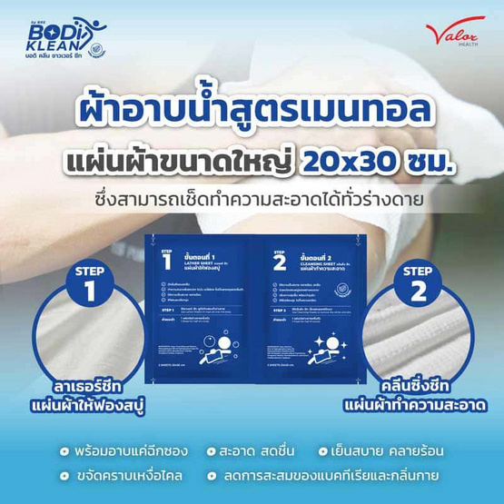 ผ้าอาบน้ำไม่ใช้น้ำสูตรเมนทอล BODI KLEAN Shower Sheet 2 คู่ ( 4 แผ่น )