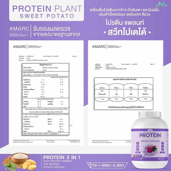 Wisamin PROTEIN PLANT โปรตีนแพลนท์ สูตร1 รสมันเทศ สีม่วง 2.27 Kg.