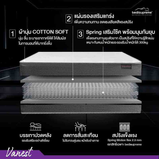 ที่นอนสปริง ระบบ SPRING MOTION FLEX 2.3 รุ่น Vanest+ สีขาว