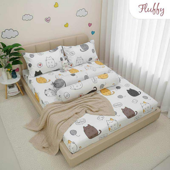 Fluffy ชุดผ้าปูที่นอน+รวมผ้านวม คอลเลคชั่น Dreamy ลาย Chubby Cat