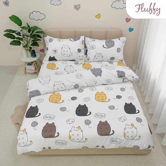 Fluffy ชุดผ้าปูที่นอน+รวมผ้านวม คอลเลคชั่น Dreamy ลาย Chubby Cat