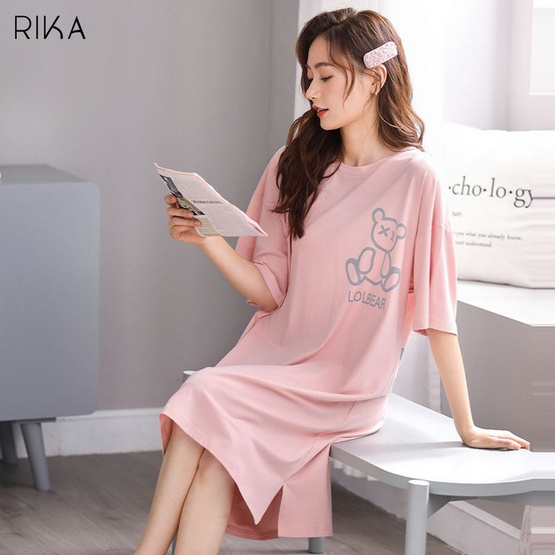 RIKA ชุดนอนกระโปรงน่ารักพิมพ์ลายหมี ผ้าคอตตอน สแปนเด็กซ์ รุ่น AA3063