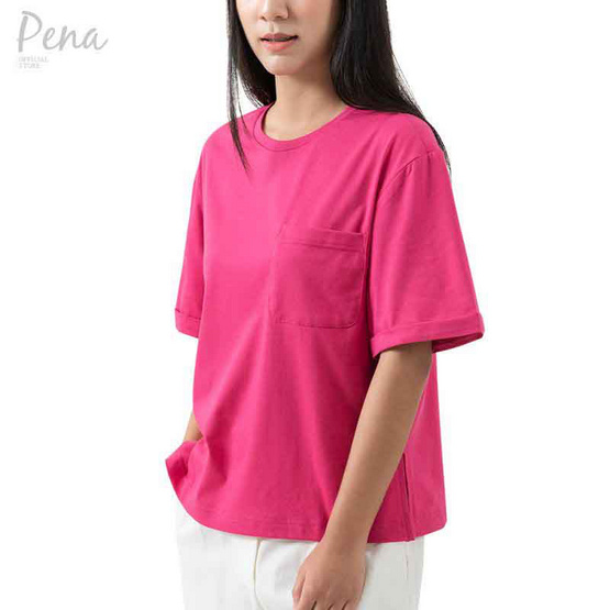 Pena house เสื้อยืดคอกลม สีพื้น ทรงครอป มีกระเป๋าหน้า รุ่น PSTS032401