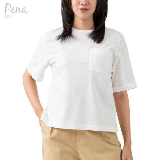 Pena house เสื้อยืดคอกลม สีพื้น ทรงครอป มีกระเป๋าหน้า รุ่น PSTS032401