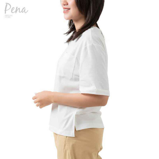 Pena house เสื้อยืดคอกลม สีพื้น ทรงครอป มีกระเป๋าหน้า รุ่น PSTS032401