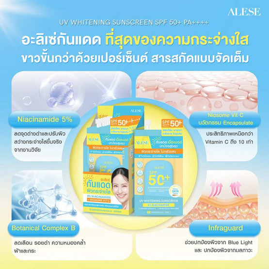 Alese ครีมกันแดด UV Whitening Sunscreen SPF 50+ PA++++ 7 กรัม (6ซอง)