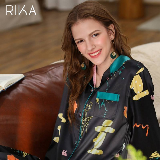 RIKA ชุดนอนเสื้อพร้อมกางเกงขายาว ผ้า Satin รุ่น AA3038