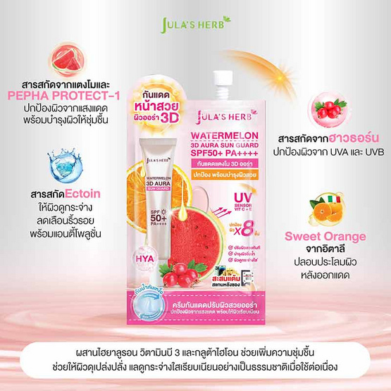 Jula's Herb กันแดดแตงโม Watermelon 3D Aura Sun Guard SPF50+ PA++++ 8 กรัม แพ็ก 6 ชิ้น