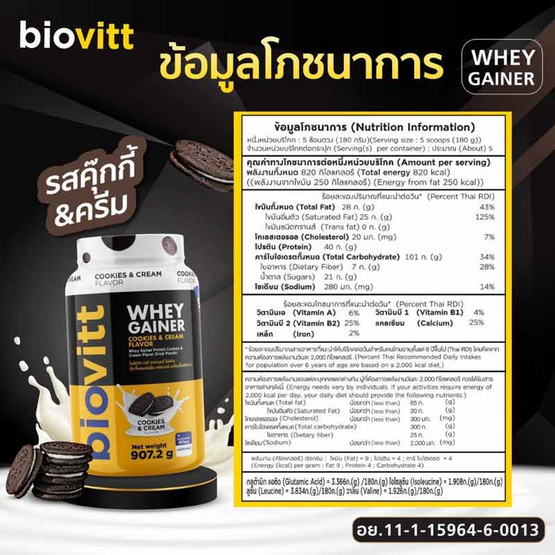 Biovitt เวย์ เกนเนอร์ โปรตีน รสคุ้กกี้แอนด์ครีม 907.2 กรัม