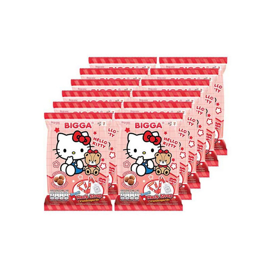 บิ๊กก้า ข้าวโพดอบกรอบรสช็อกโกแลตพร้อมสายคล้องคอ HelloKitty คละลาย 6 กรัม (แพ็ก 12 ชิ้น)