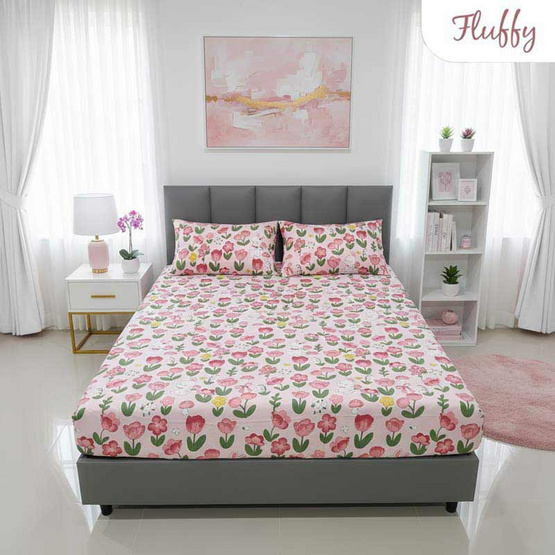 Fluffy ชุดผ้าปูไม่รวมนวม ขนาด 6 ฟุต ลาย Pink Lilie