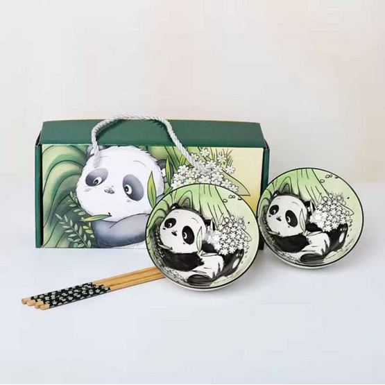 Tintin shop ชุดถ้วยเซรามิค 2 ใบพร้อมตะเกียบ สีเขียว Panda