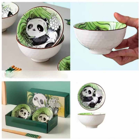 Tintin shop ชุดถ้วยเซรามิค 2 ใบพร้อมตะเกียบ สีเขียว Panda
